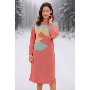 Vintage 80s Arianna Oversized Sweater Dress Pink Pastel Geometric Knit Midi S